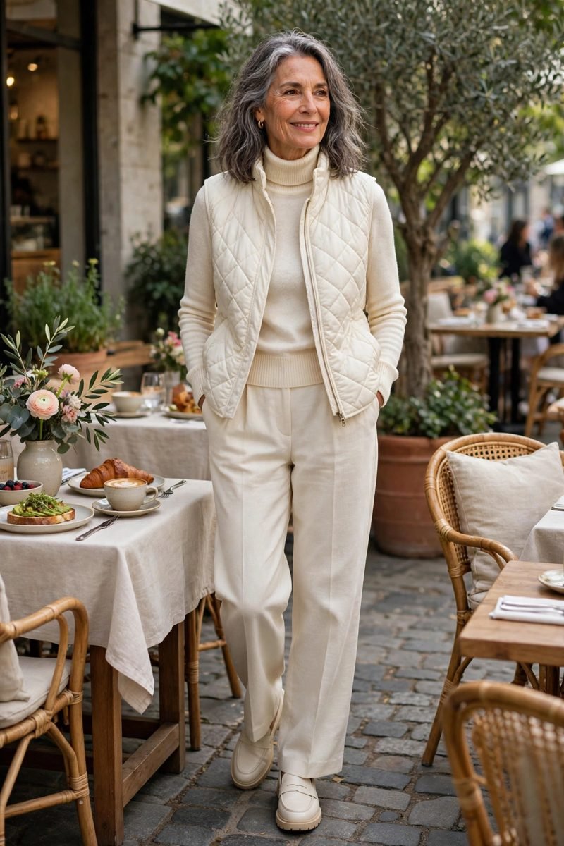 Woman in quilted vest over turtleneck