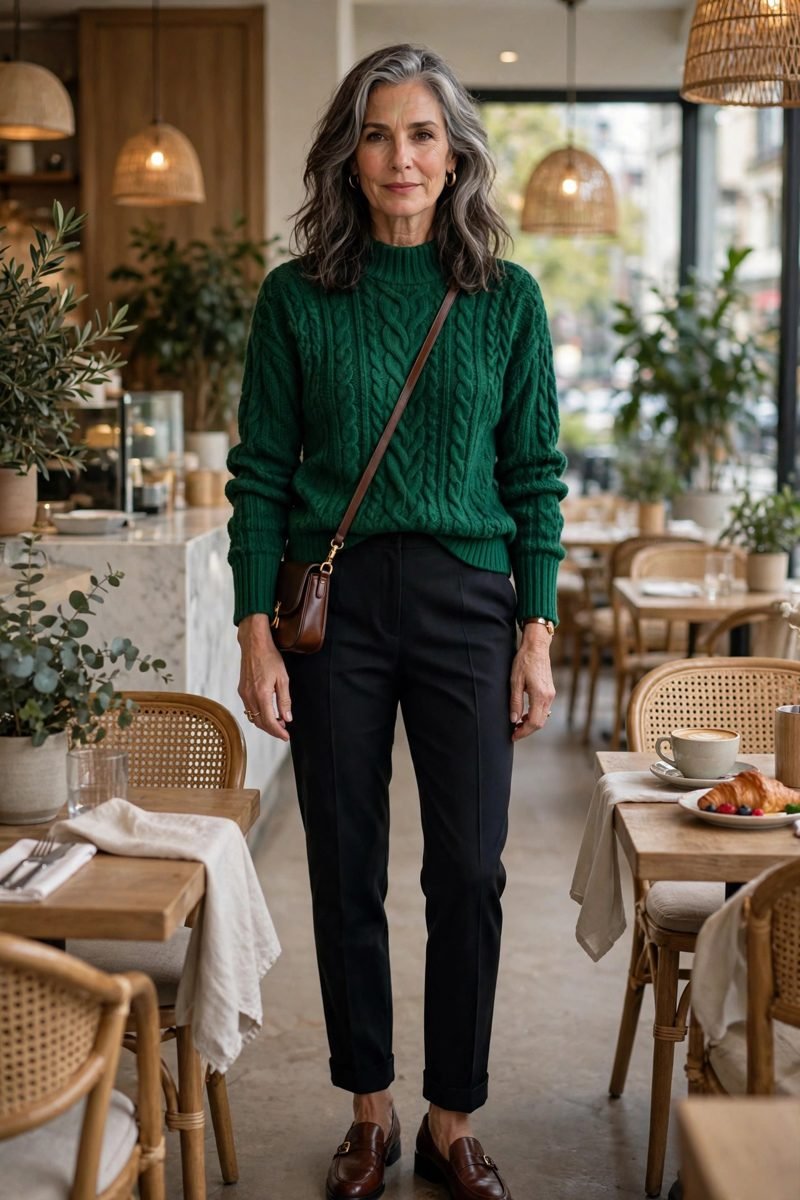 Woman in jewel tone sweater