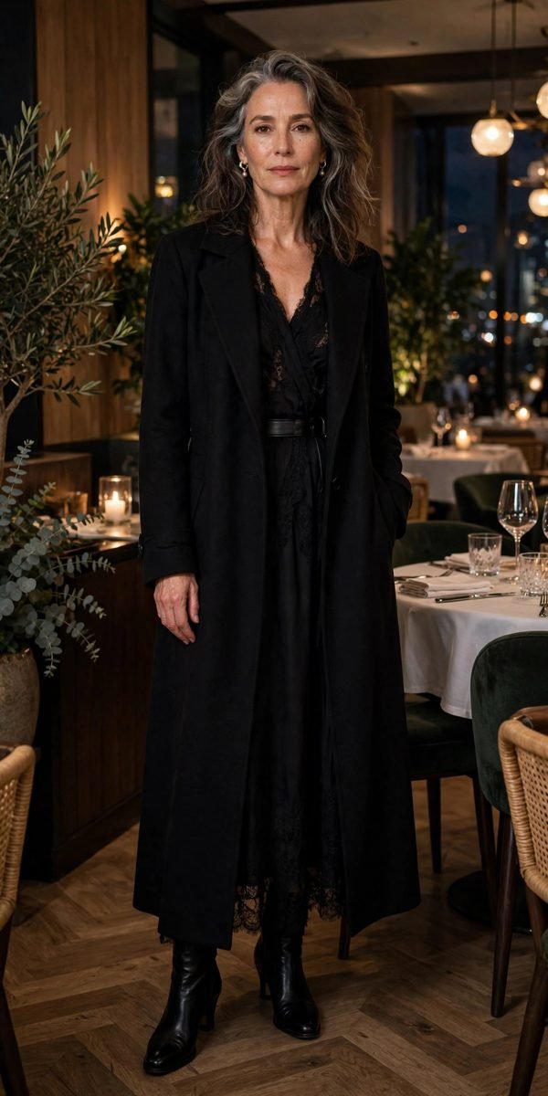 Woman in long black evening coat