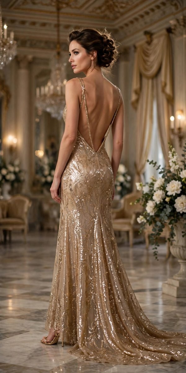 Woman in a champagne sequin gown with a low back at a formal party
