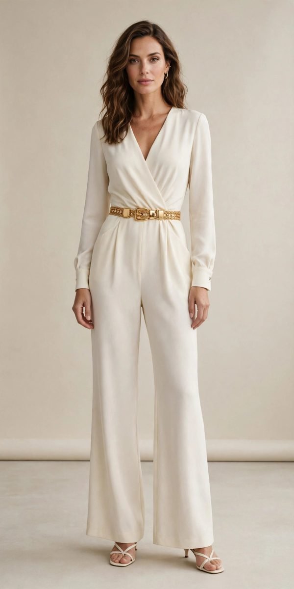 Woman in an ivory crepe jumpsuit with a gold belt and heels
