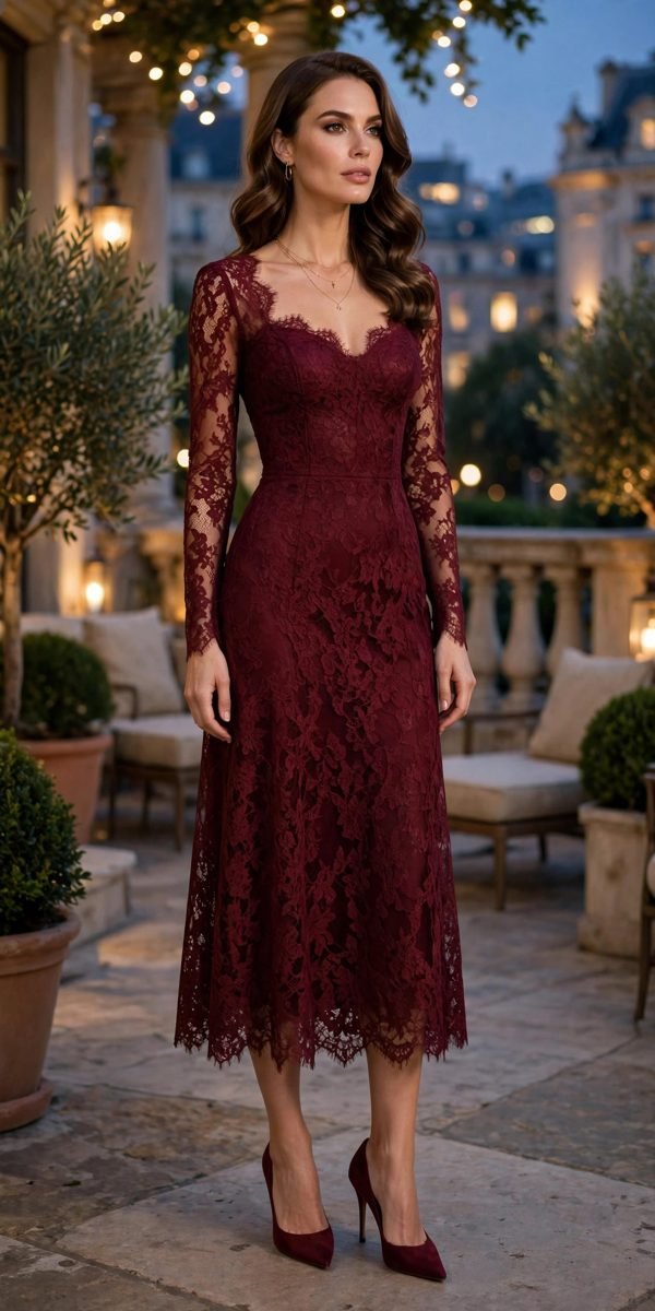 Woman in a burgundy lace midi dress with pointed pumps