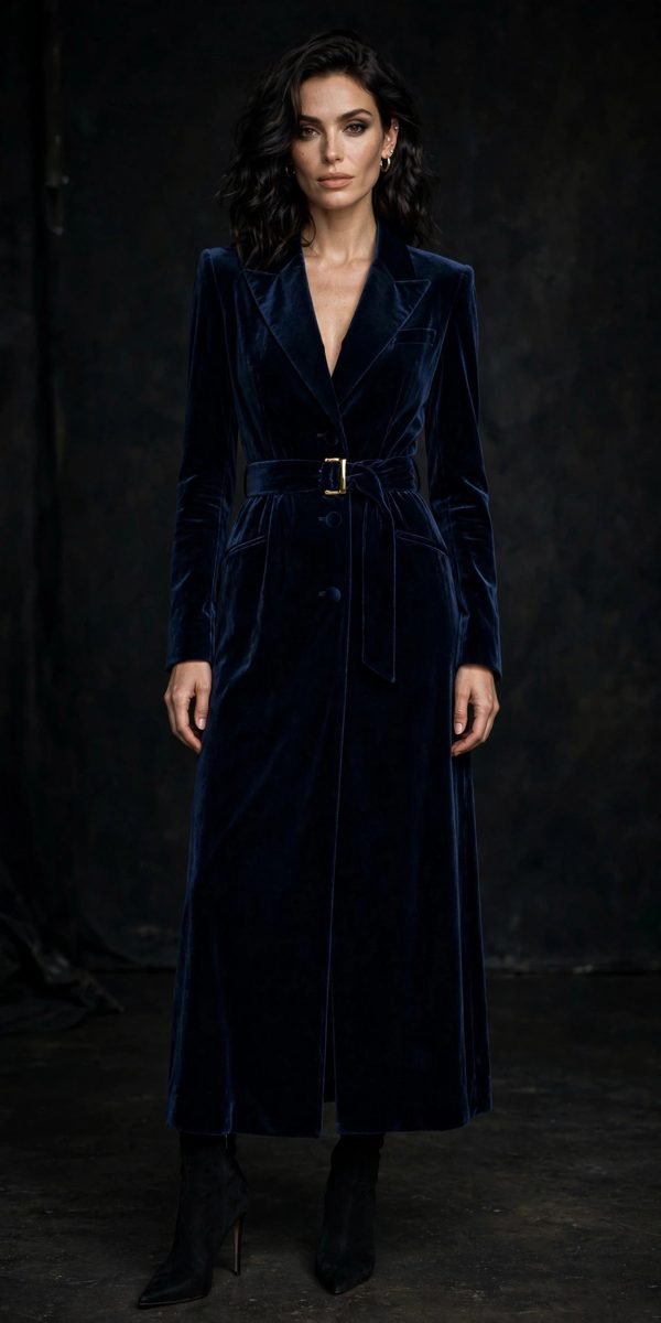 Woman in a midnight blue velvet blazer dress with black pumps