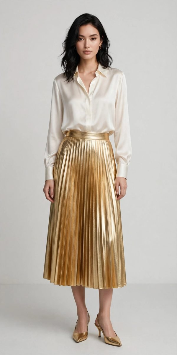 Woman in a gold metallic pleated midi skirt with an ivory silk blouse