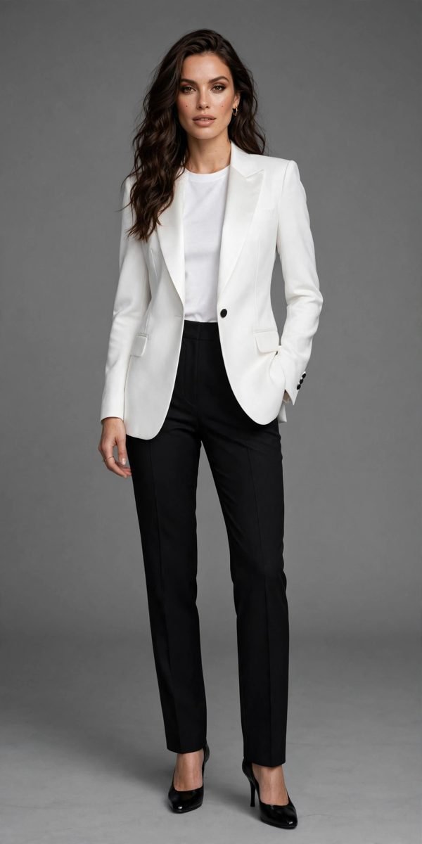 Woman in a white tuxedo blazer with black trousers and red lipstick