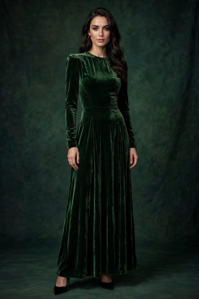 Woman in a forest green velvet maxi dress with gold accessories