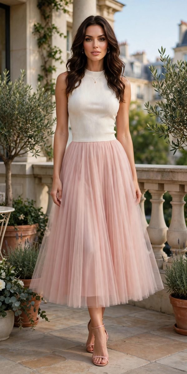 Woman in a blush pink tulle midi skirt with a black velvet top