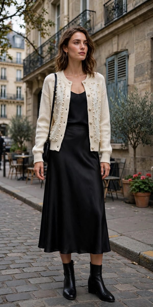 Woman in a pearl-embellished cardigan with a champagne satin skirt