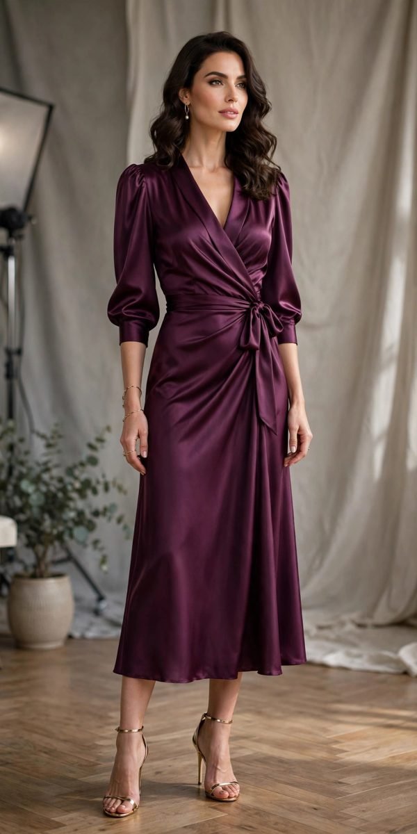 Woman in a deep plum satin wrap dress with crystal earrings