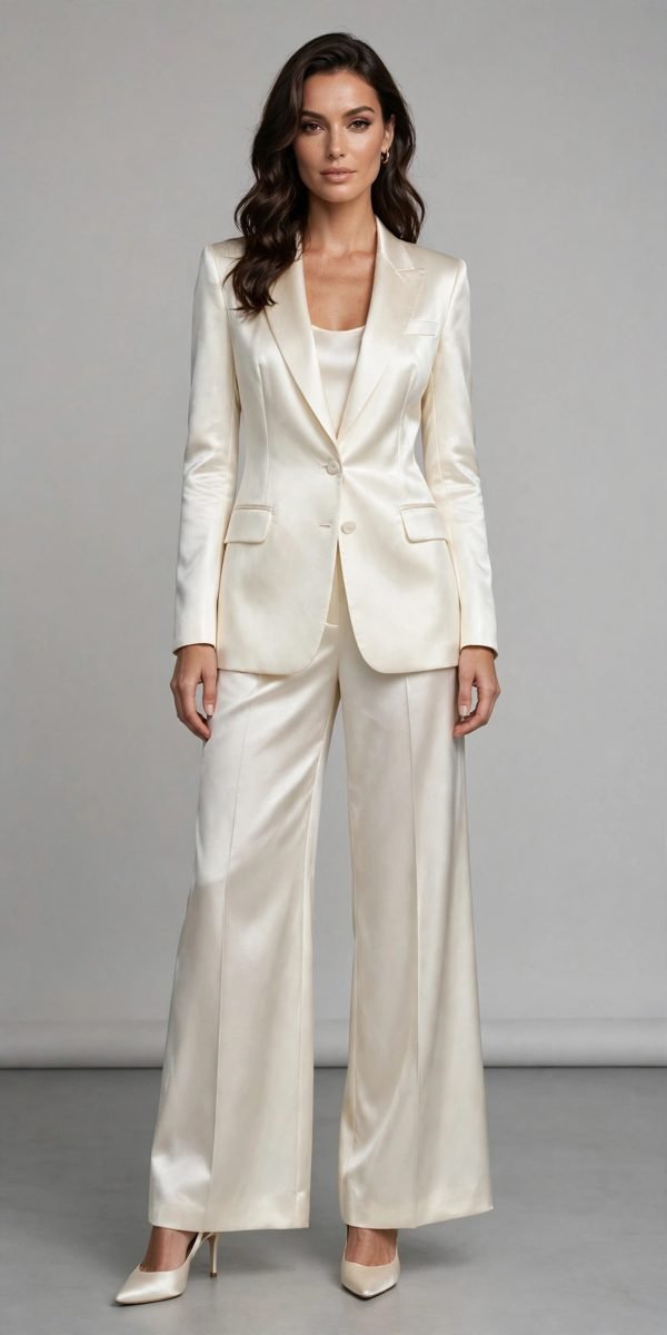 Woman in an ivory satin wide-leg pantsuit with gold jewelry