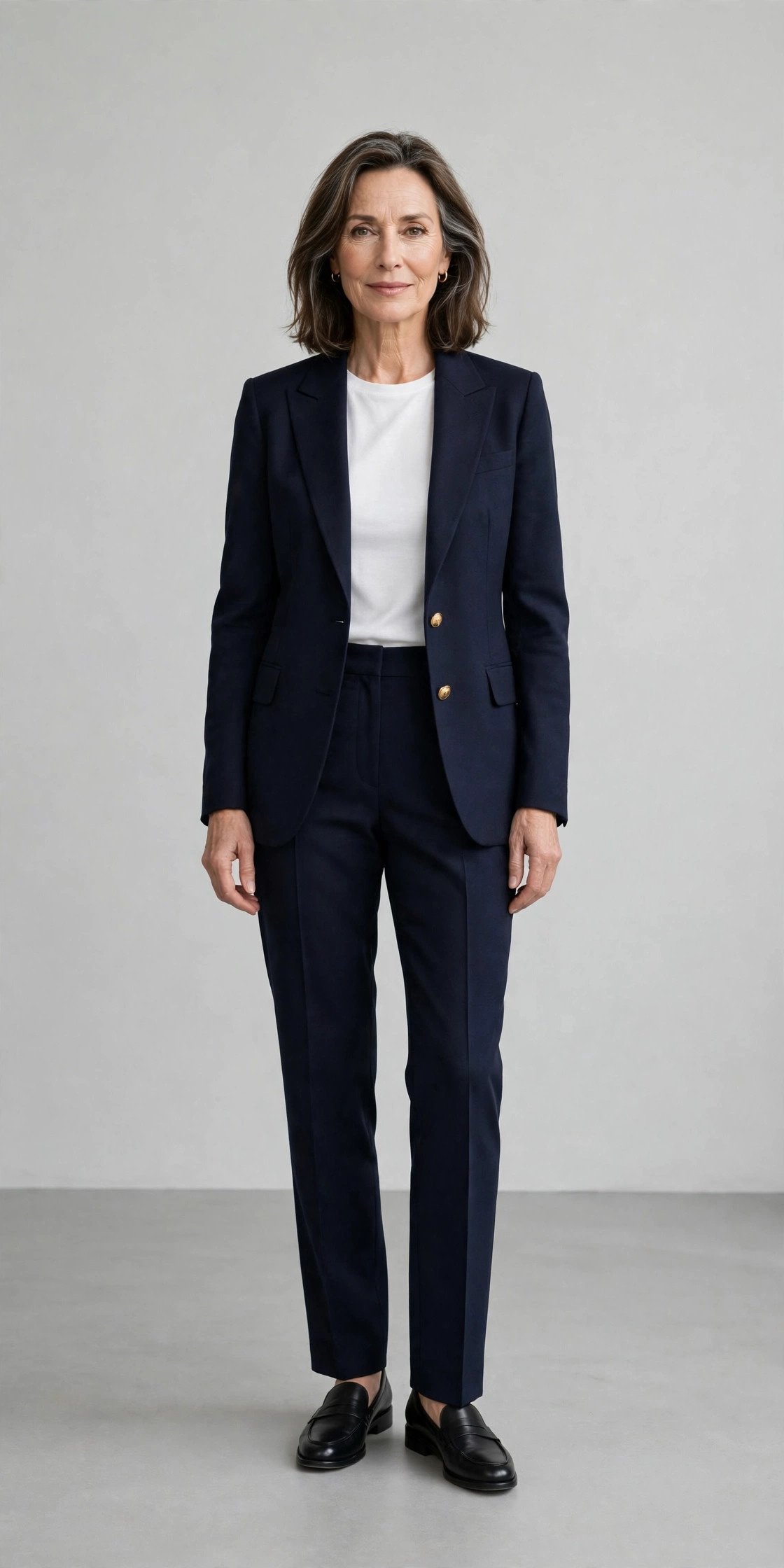 Tailored navy blazer on mature woman