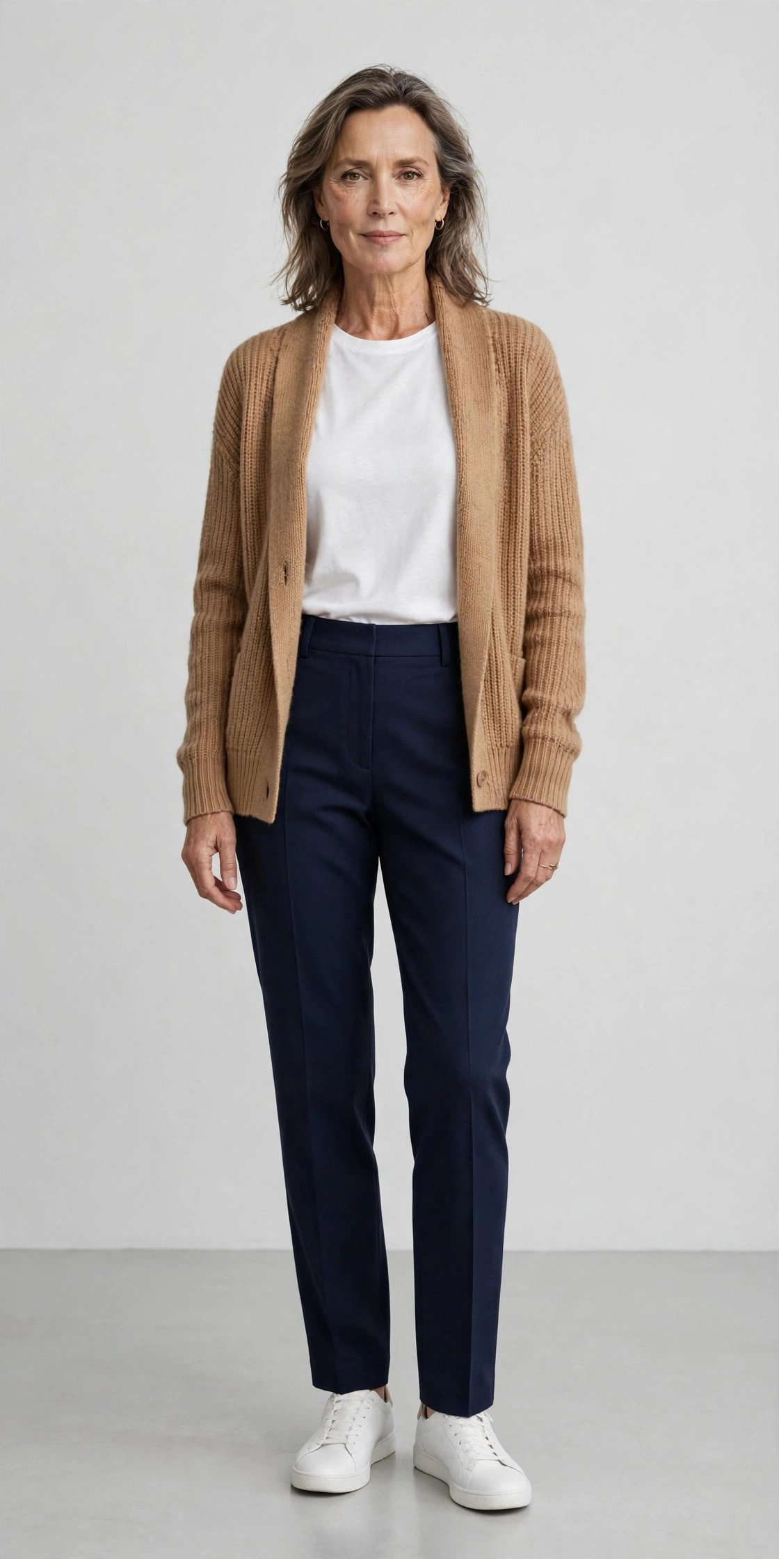 Tunic sweater with slim trousers