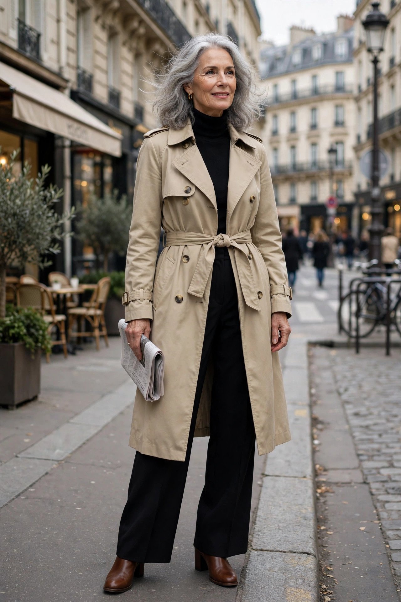 Woman with silver hair in winter coat
