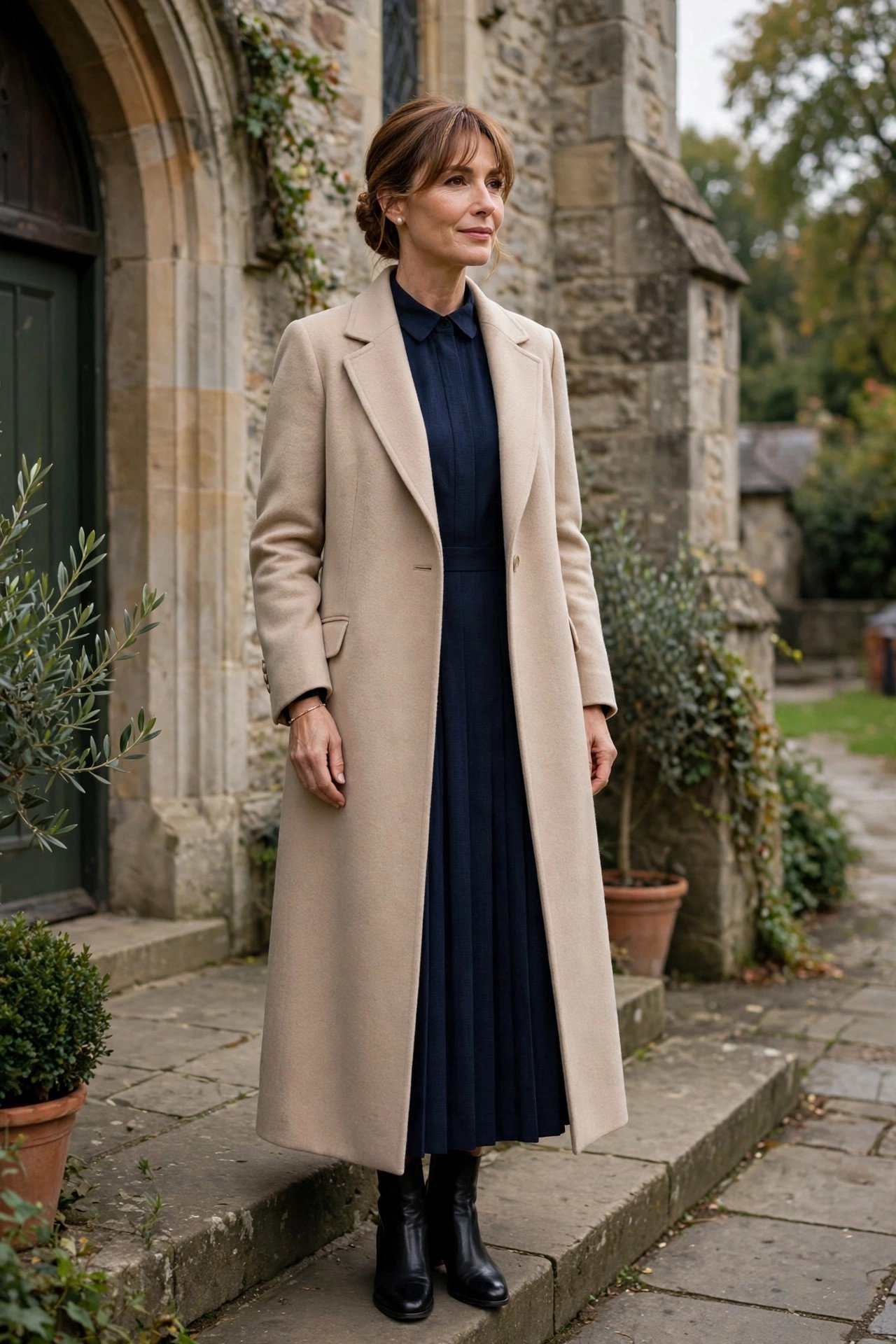 Woman in elegant Sunday uniform outfit