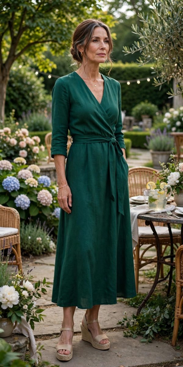 Woman over 40 in an emerald wrap dress with three-quarter sleeves
