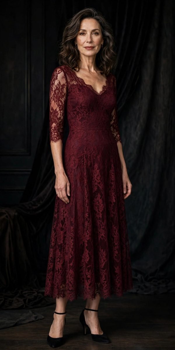 Woman over 40 in a wine-colored lace dress with elbow sleeves