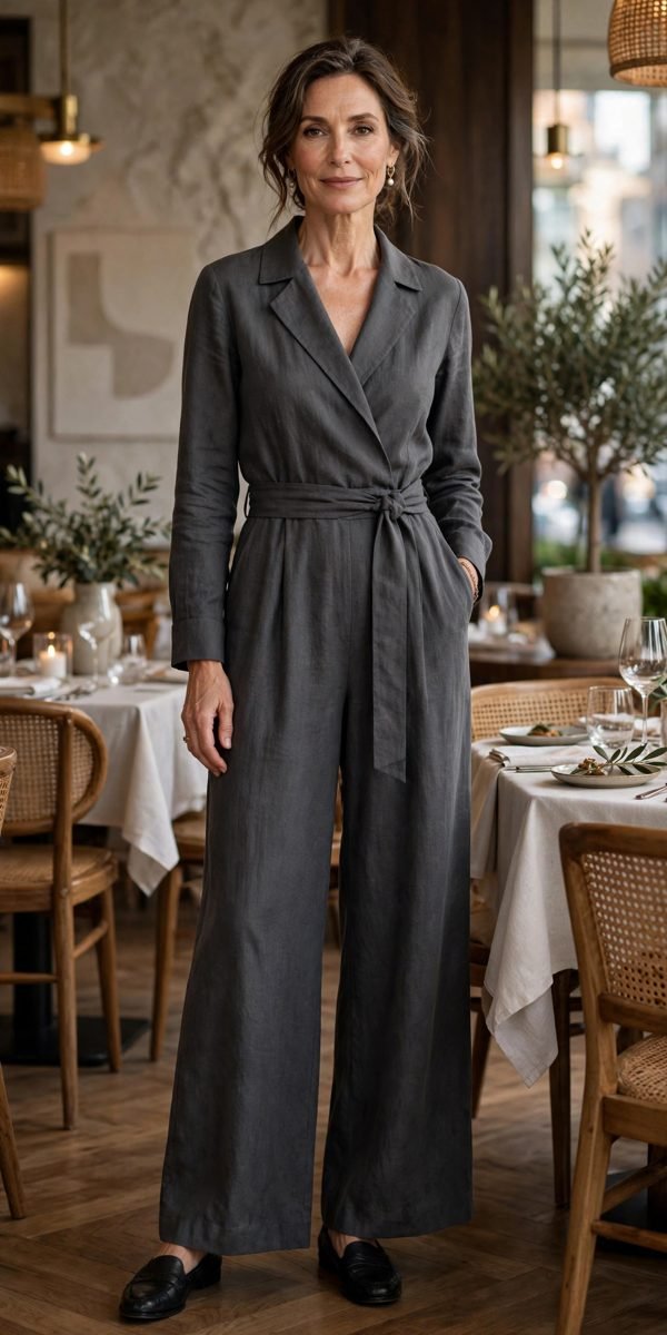 Elegant woman in a charcoal wide-leg jumpsuit with a belt