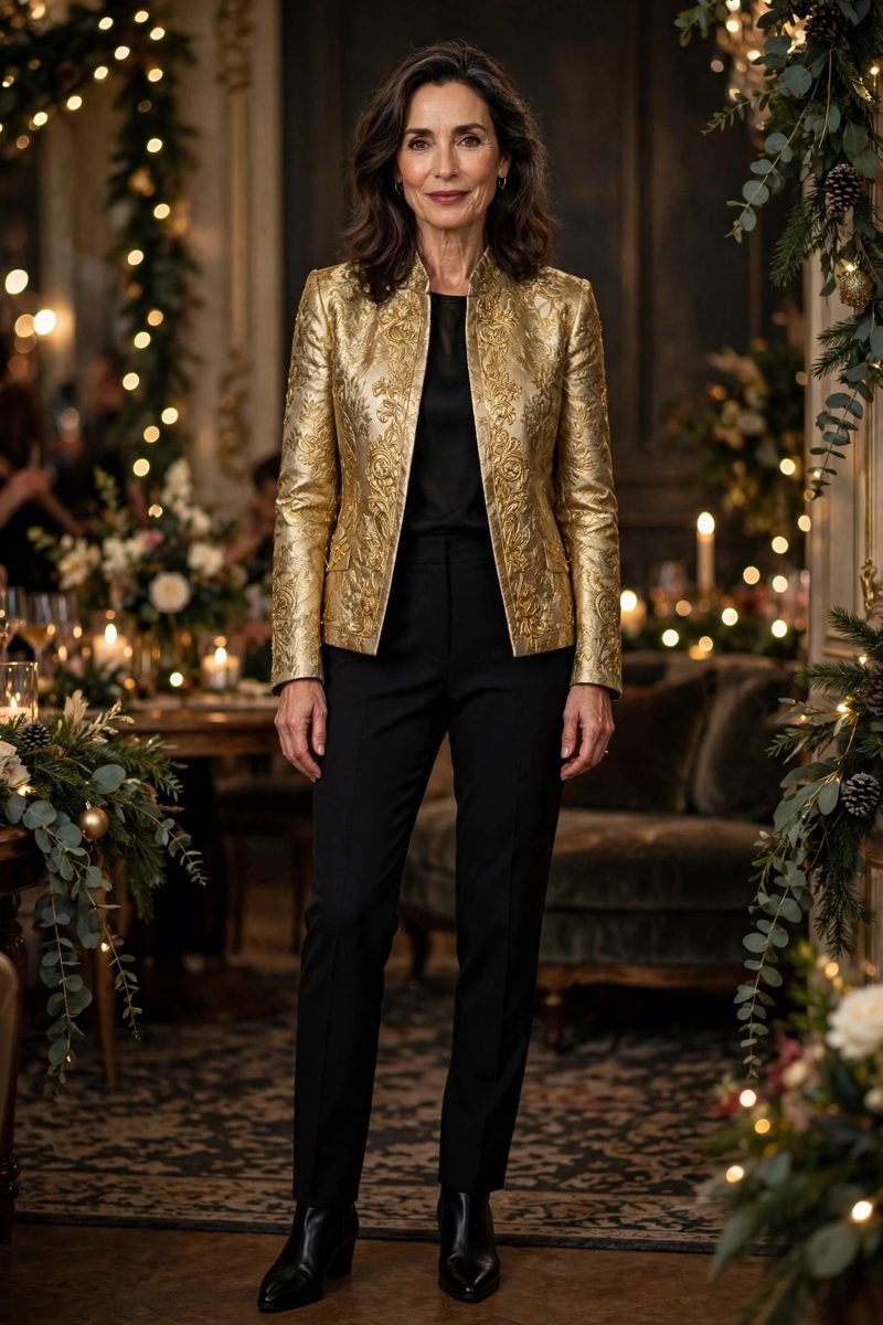 Mature woman in a gold brocade jacket over a black top and trousers