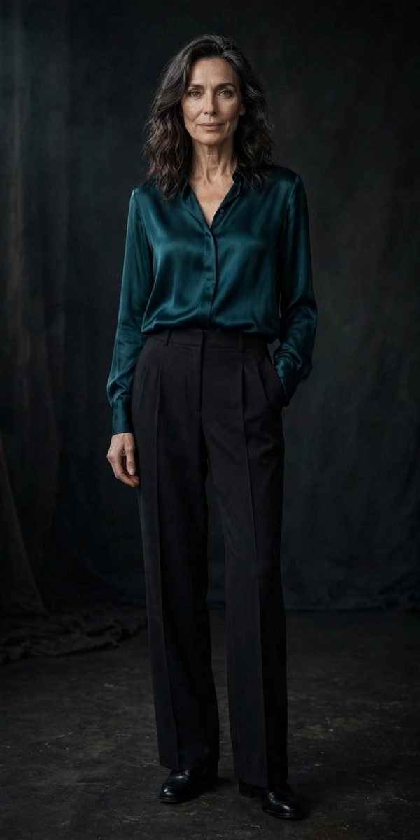 Woman over 40 in a deep teal satin blouse with dark tailored trousers