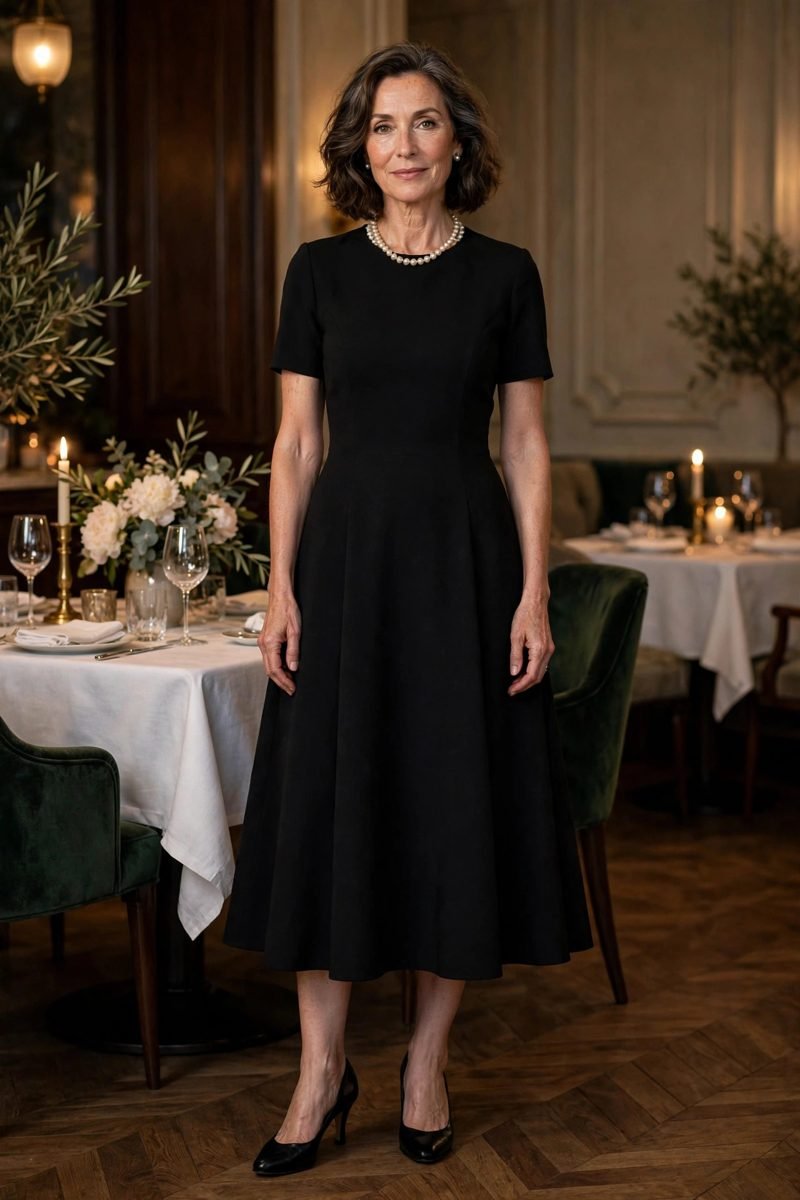 Elegant mature woman in a black A-line dress with pearls