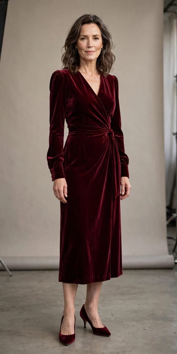 Woman over 40 in a burgundy velvet midi dress with kitten heels