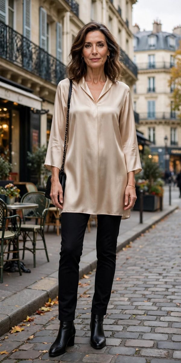 Mature woman in a champagne silk tunic over slim black pants