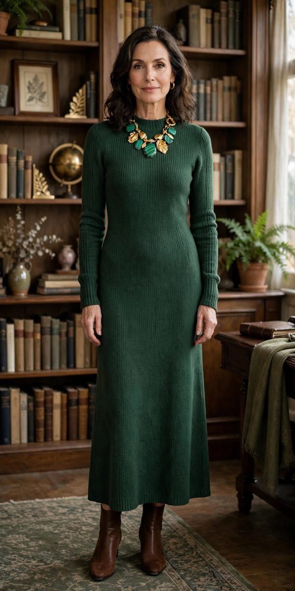 Woman over 40 in a forest green knit dress with a statement necklace