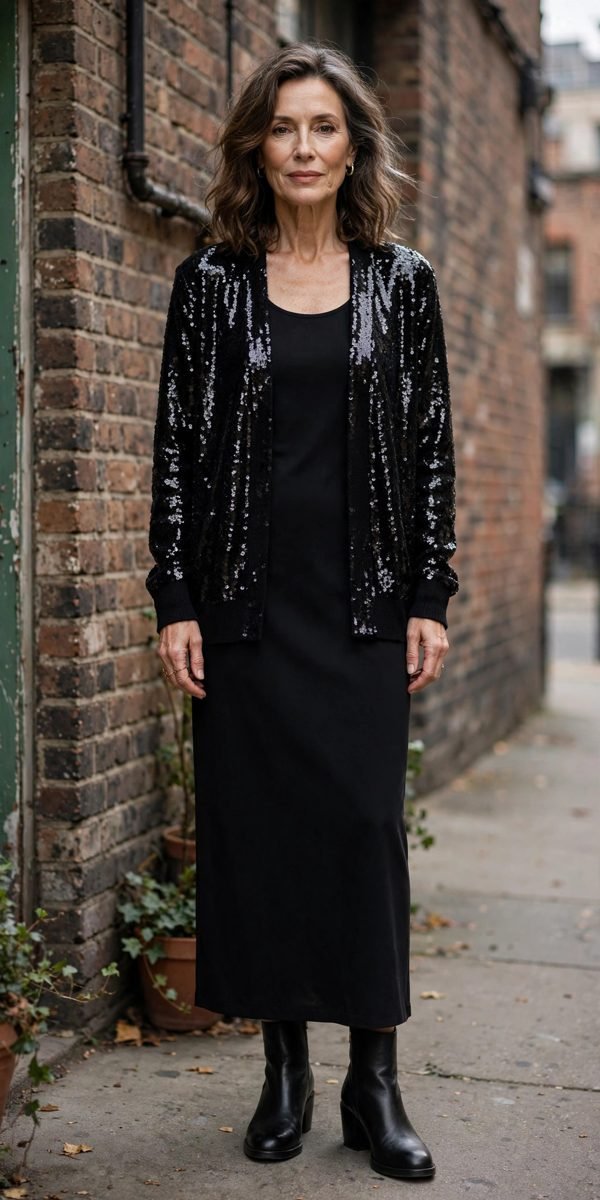Elegant woman in a black sequin cardigan over a simple black dress