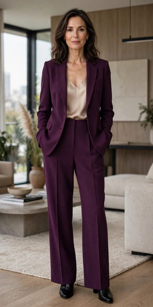 Mature woman in a plum crepe pantsuit with a silk camisole