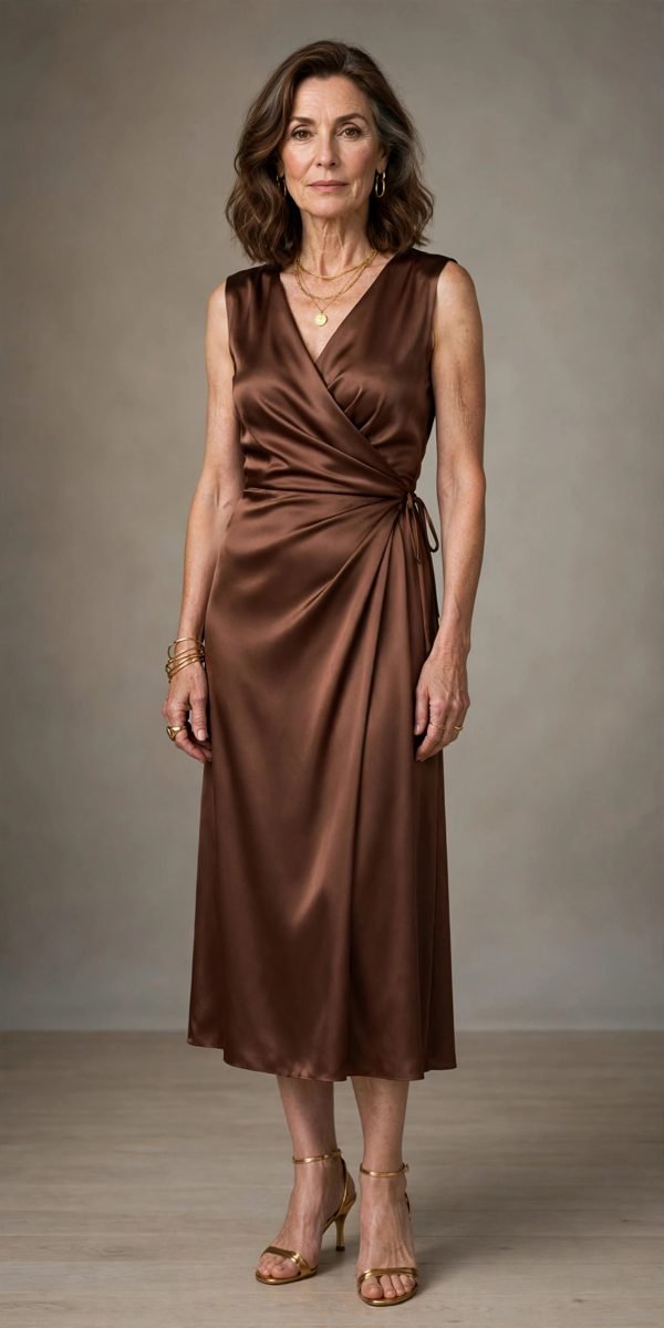 Elegant woman in a cocoa brown satin dress with gold jewelry