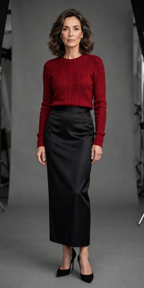 Woman over 40 in a ruby knit top with a black pencil skirt