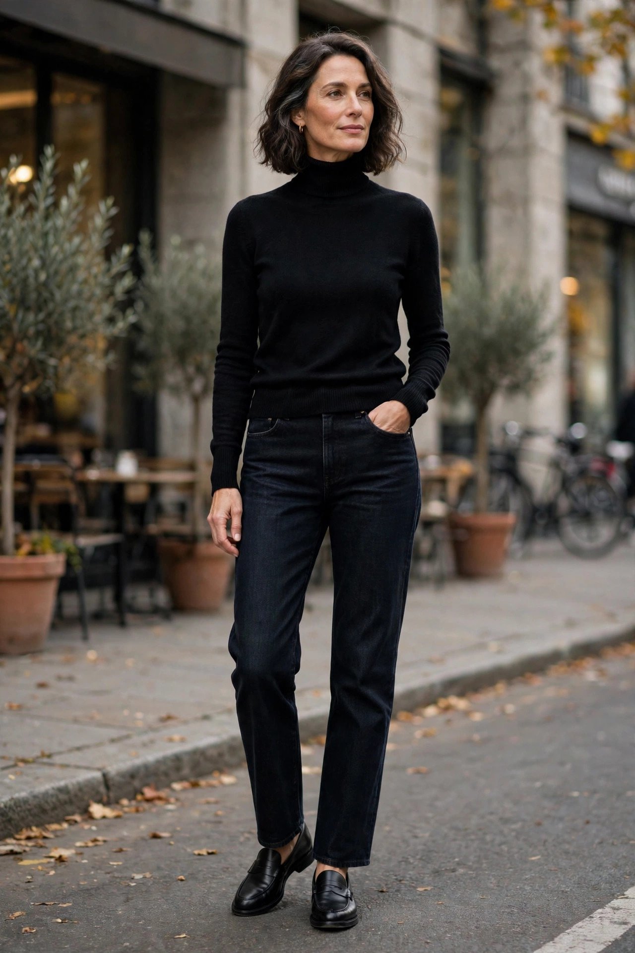 Turtleneck sweater with dark straight-leg jeans
