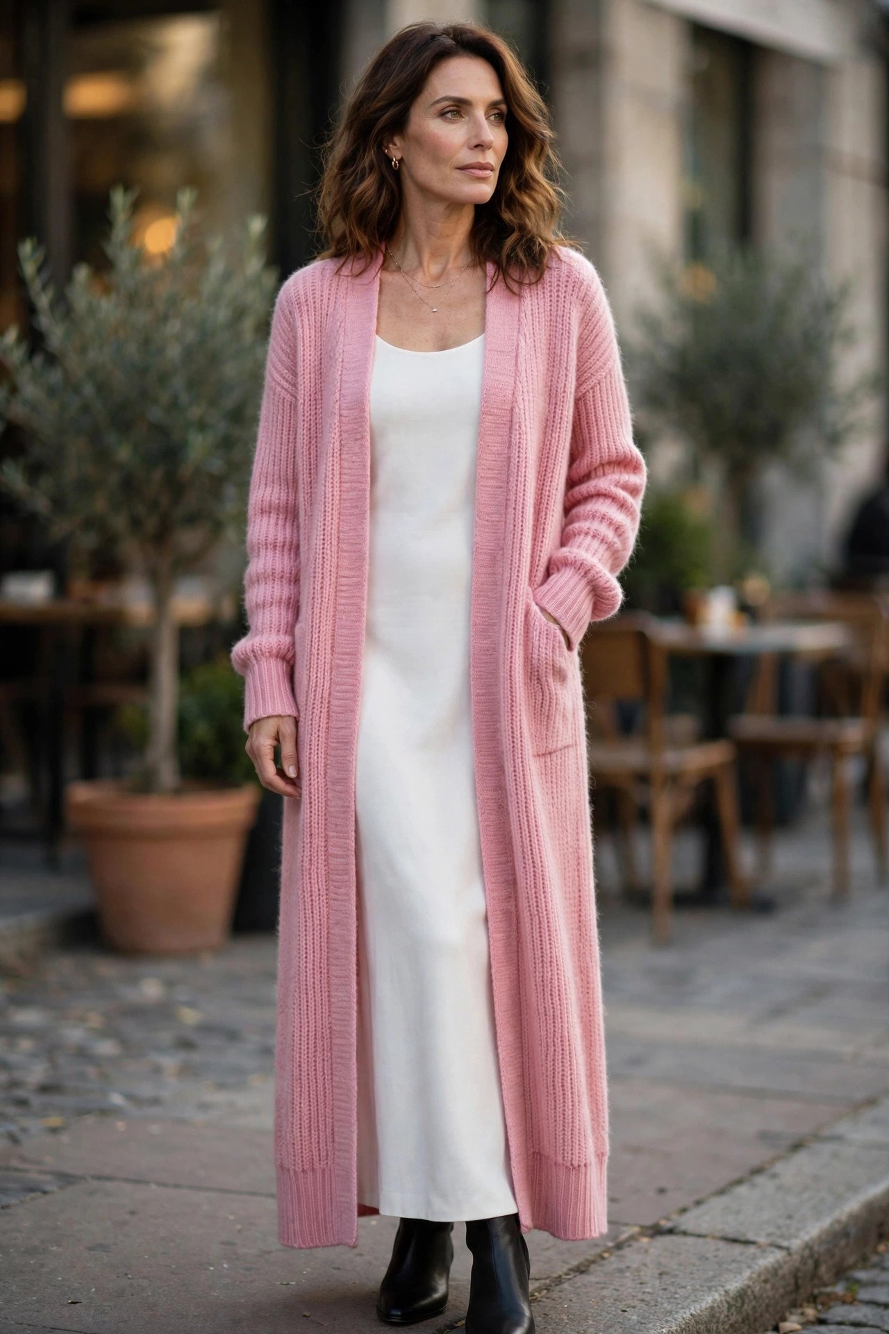 Long cardigan layered over a column dress