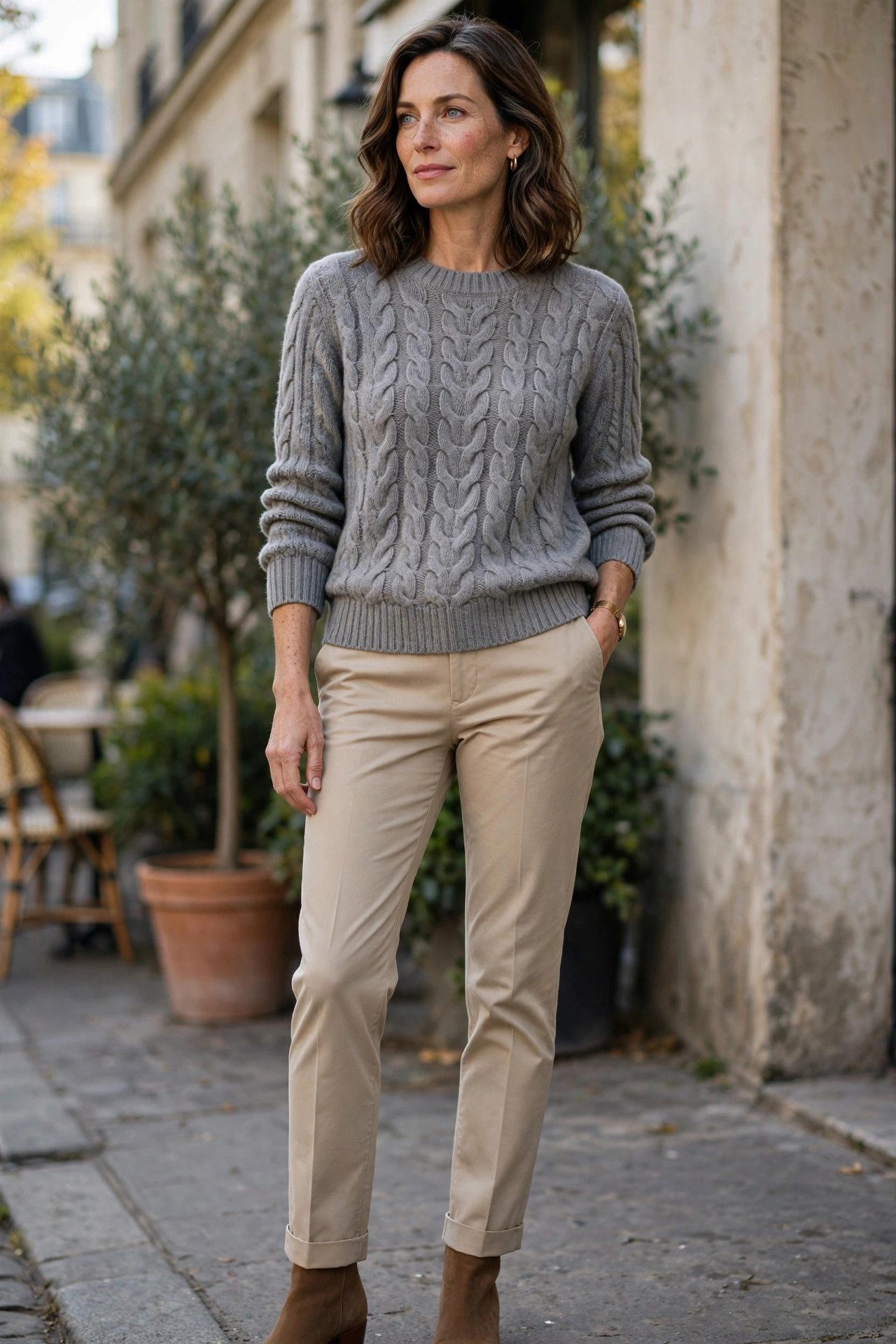 Cable knit sweater with tailored chinos