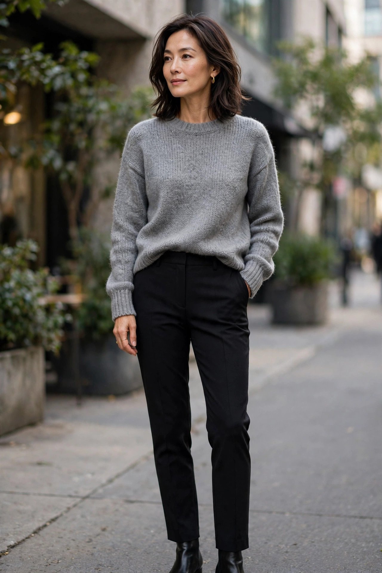 Soft grey knit sweater with black pants