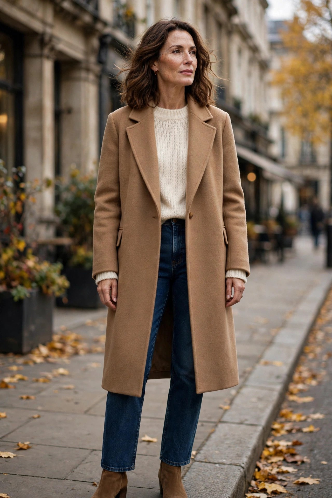 Cream sweater with camel coat