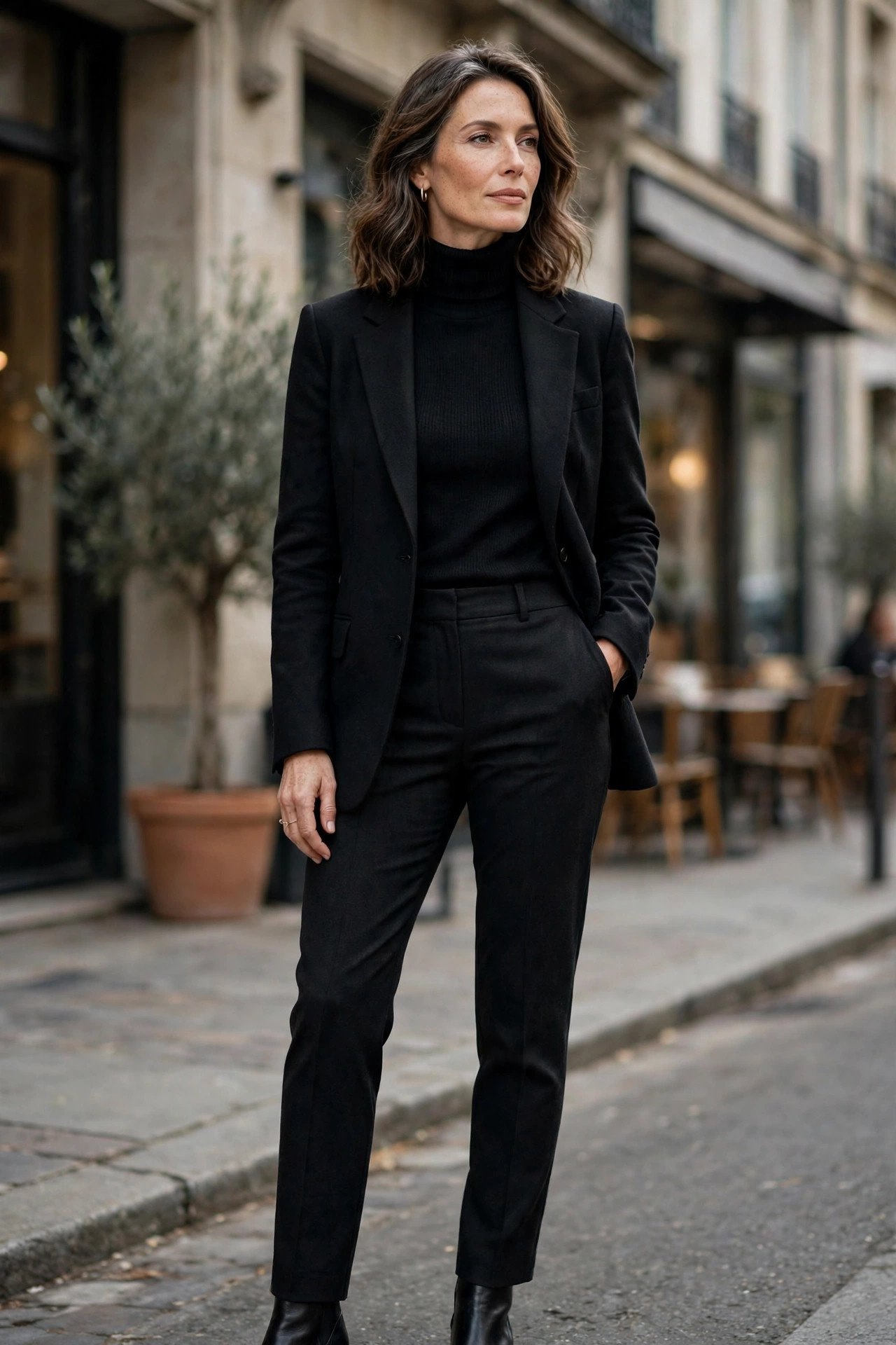 Turtleneck sweater layered under a blazer