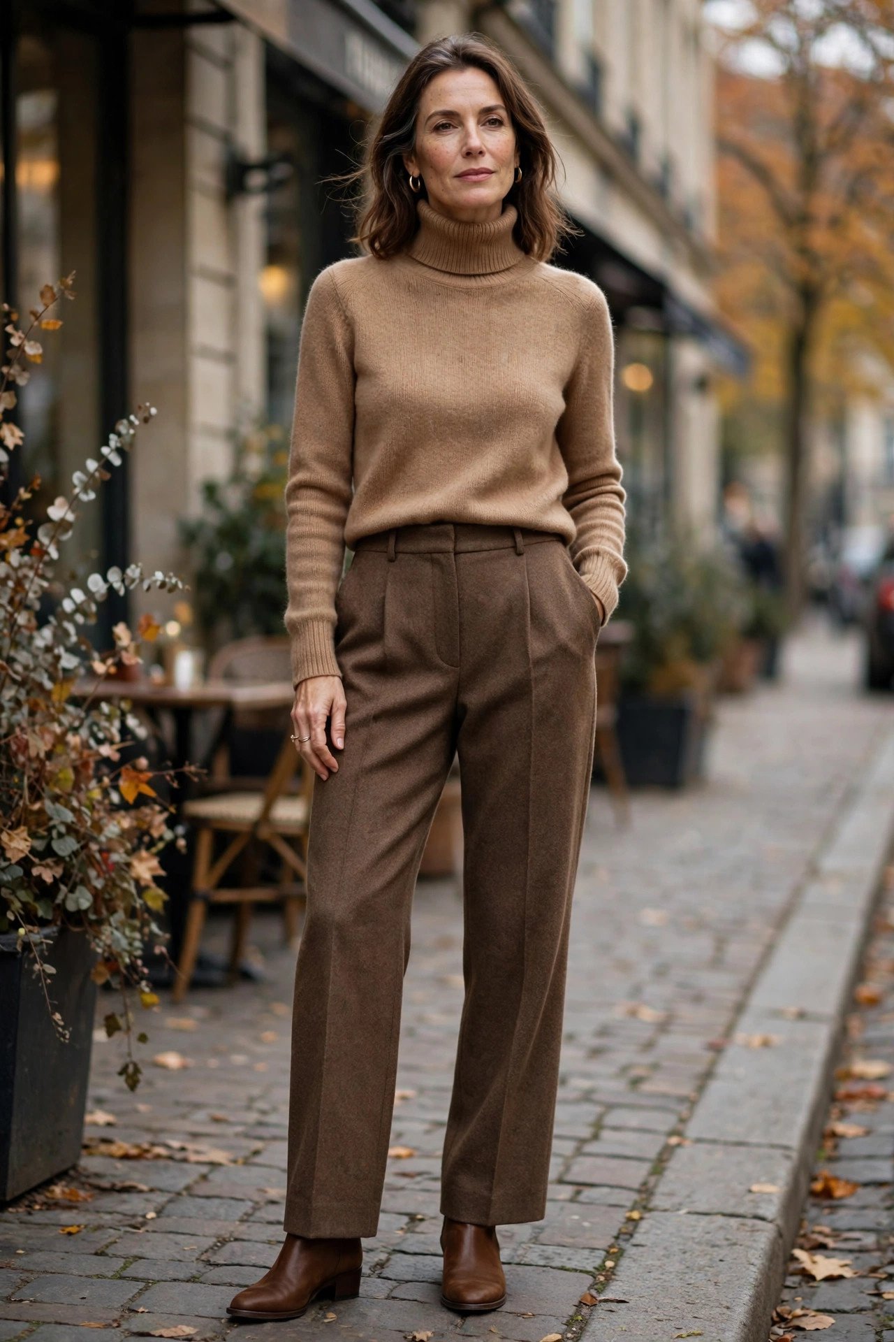 Camel turtleneck with wool trousers