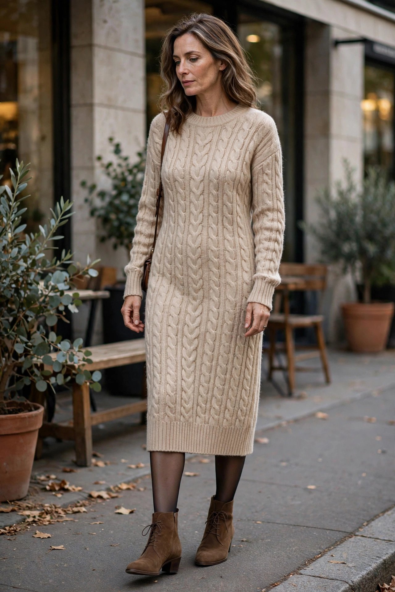 Sweater dress with low boots