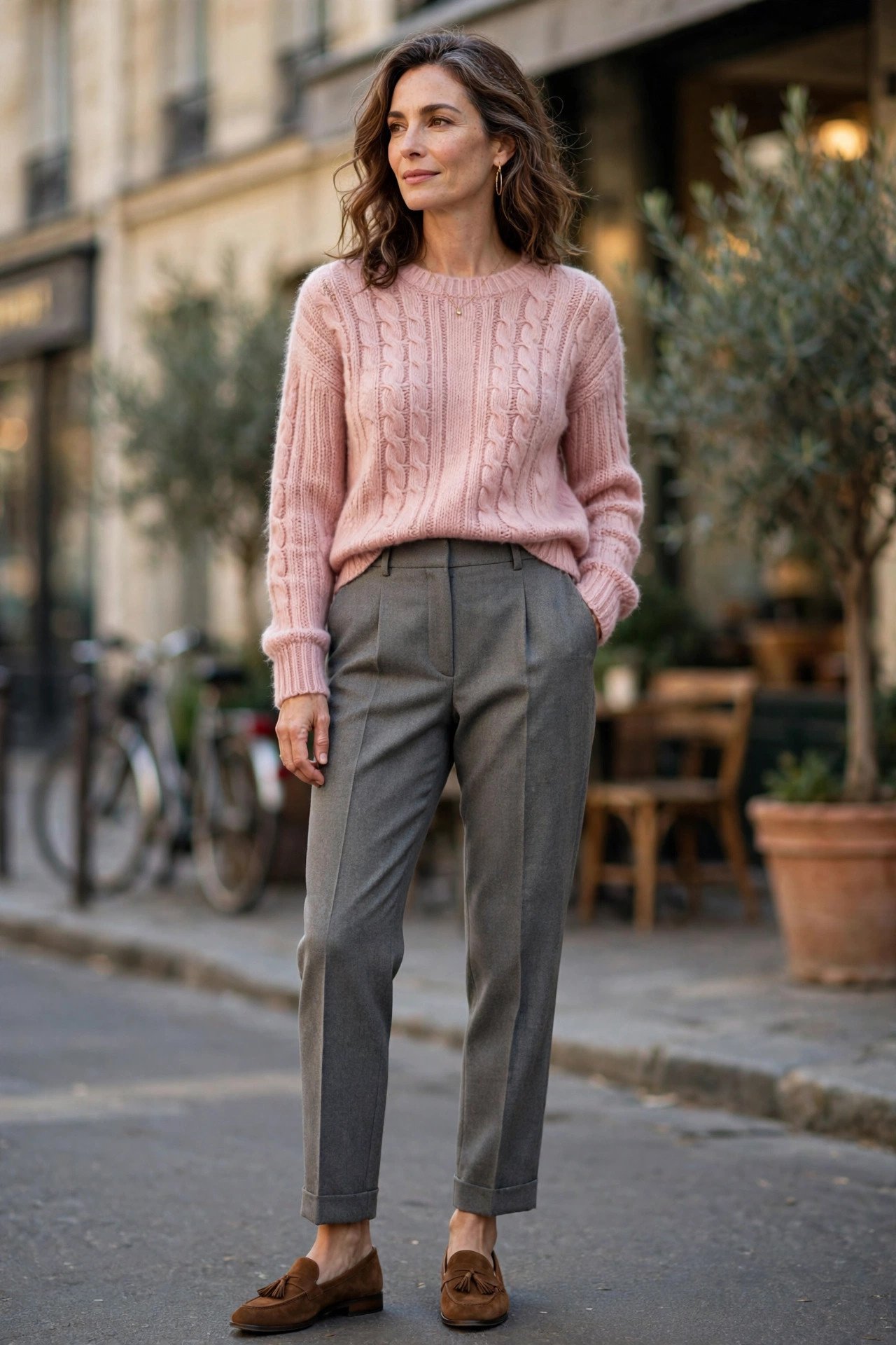Soft pink knit sweater with grey trousers