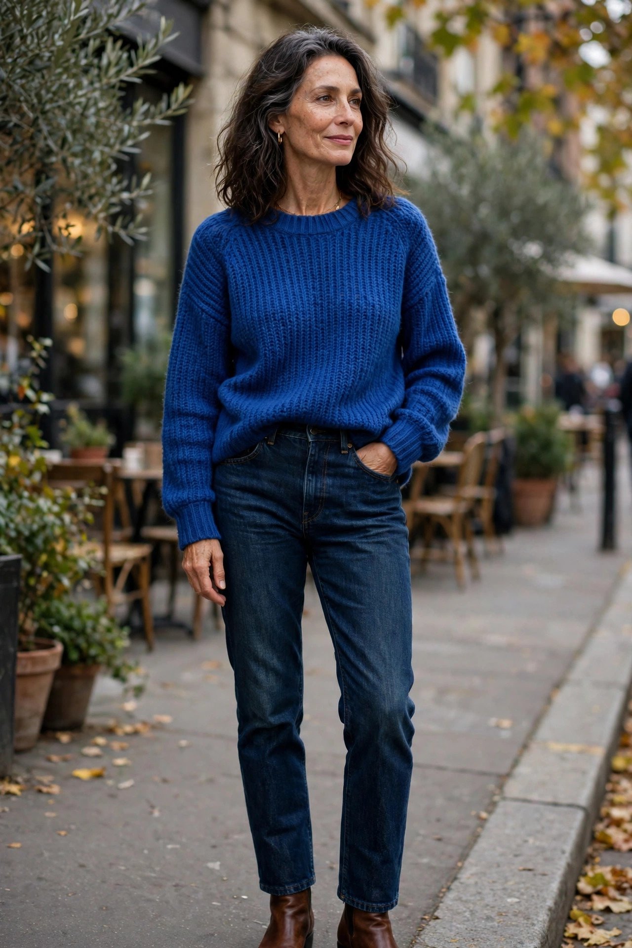 Cobalt blue sweater with dark jeans