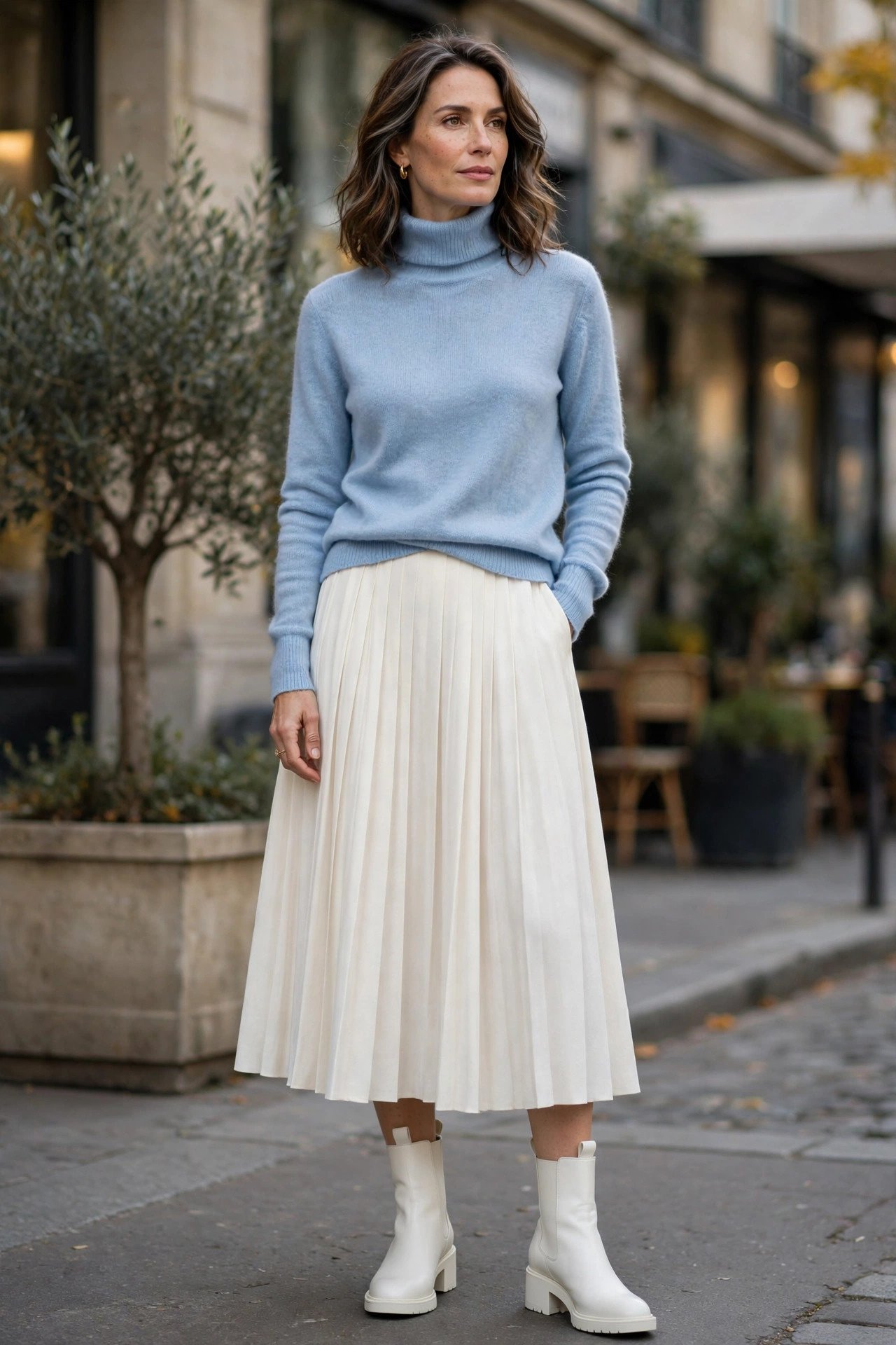 Baby blue turtleneck with ivory midi skirt