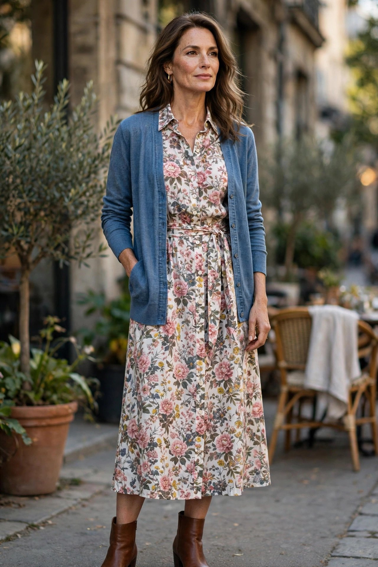 Chambray blue cardigan over shirt dress