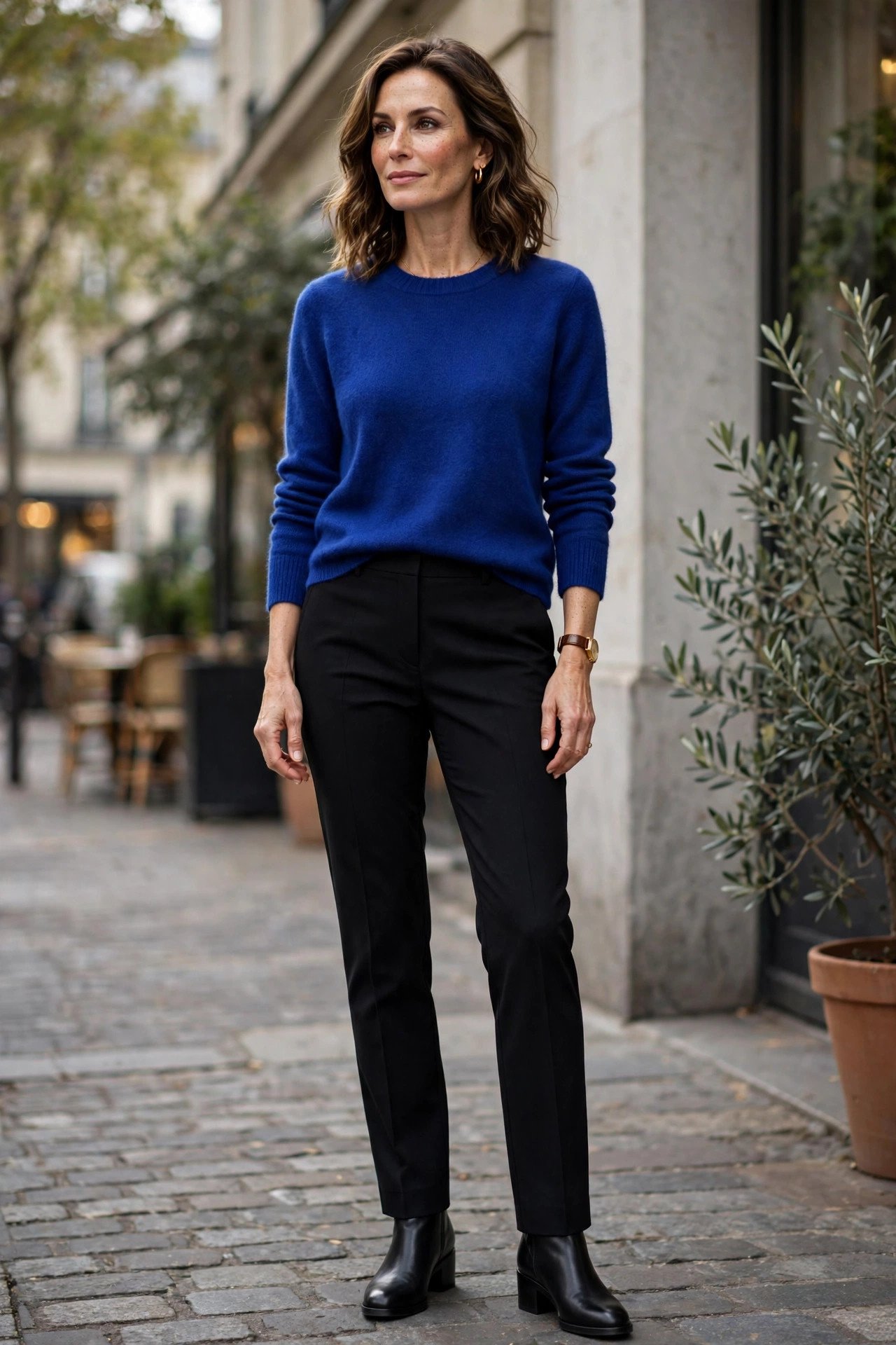 Royal blue sweater with black ponte pants