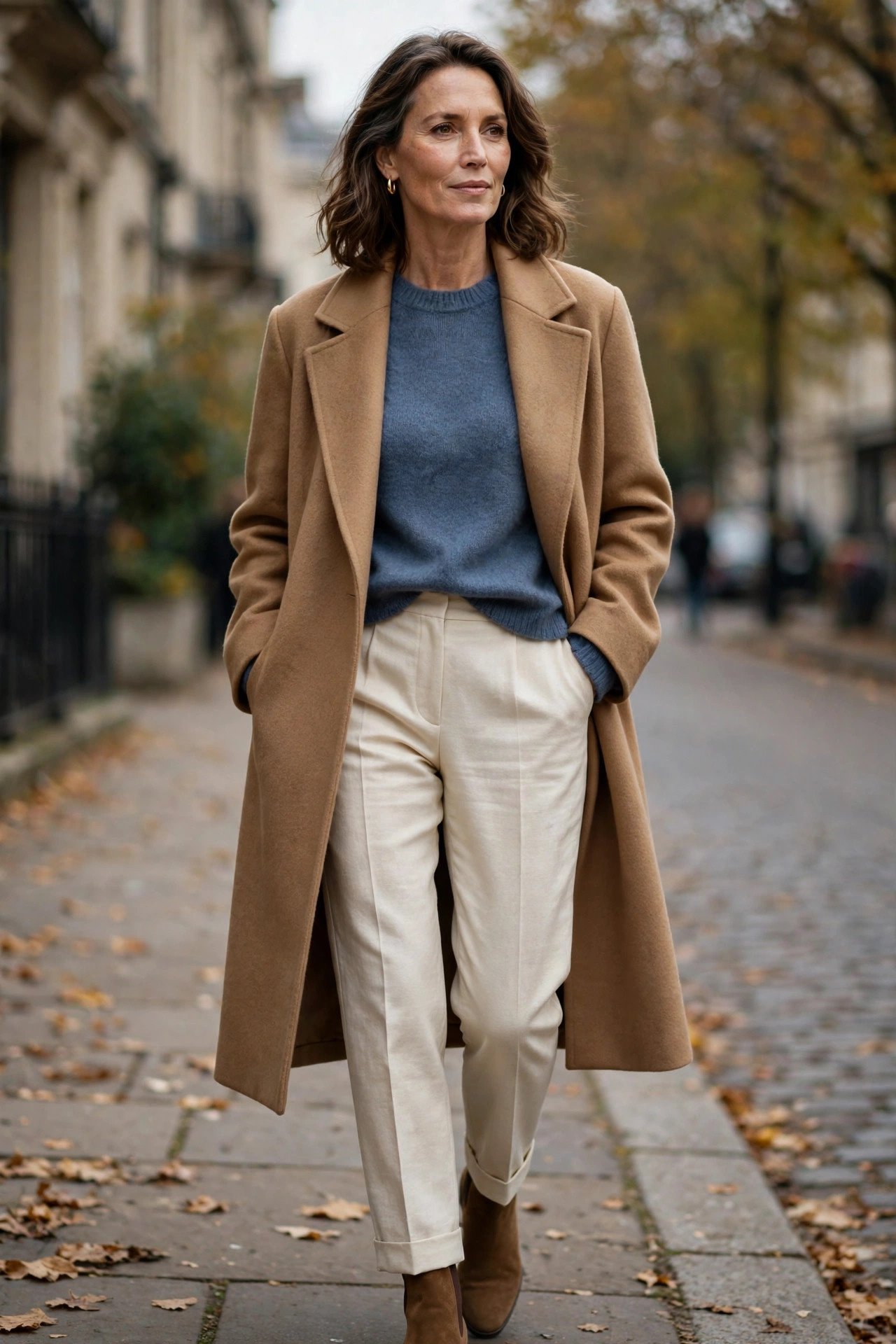 Slate blue cashmere sweater with camel coat