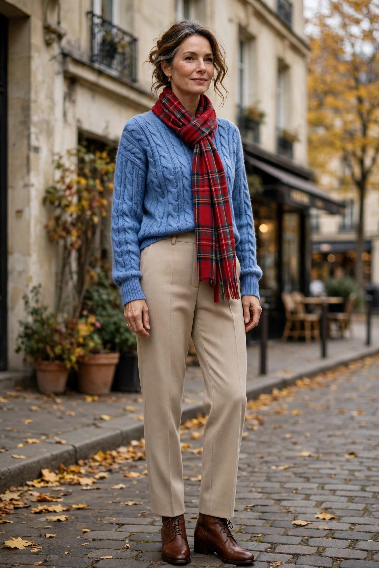 Cornflower blue sweater with plaid scarf