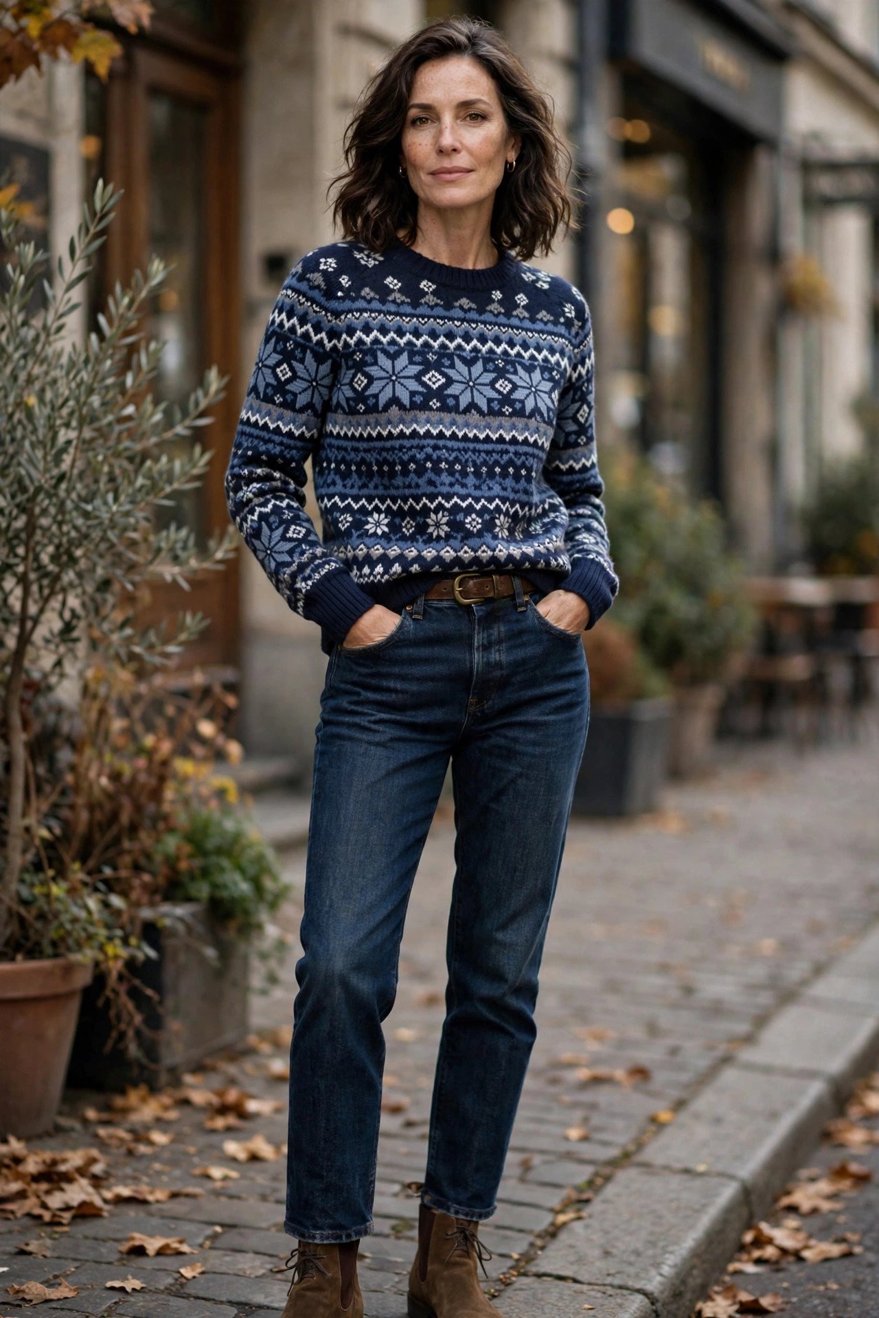 Navy Fair Isle sweater with dark wash jeans
