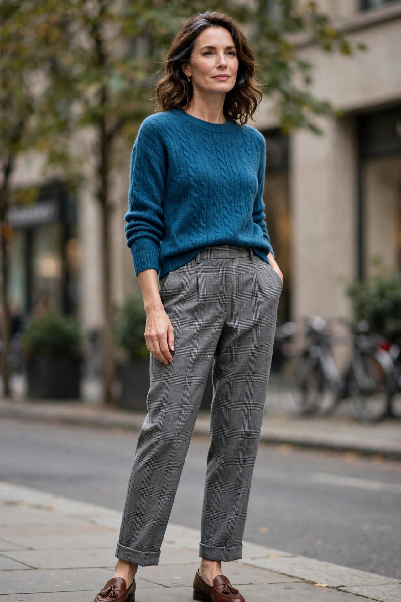 Teal blue sweater with gray flannel trousers