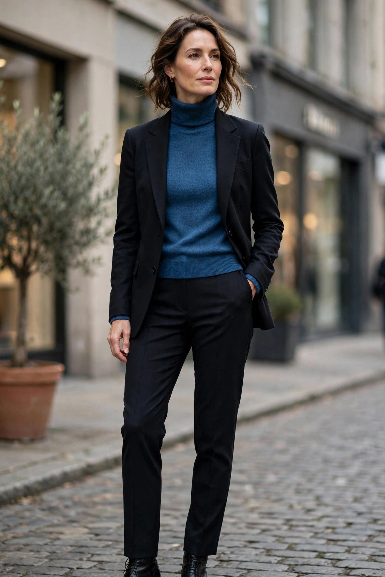 Deep ocean blue turtleneck under black blazer