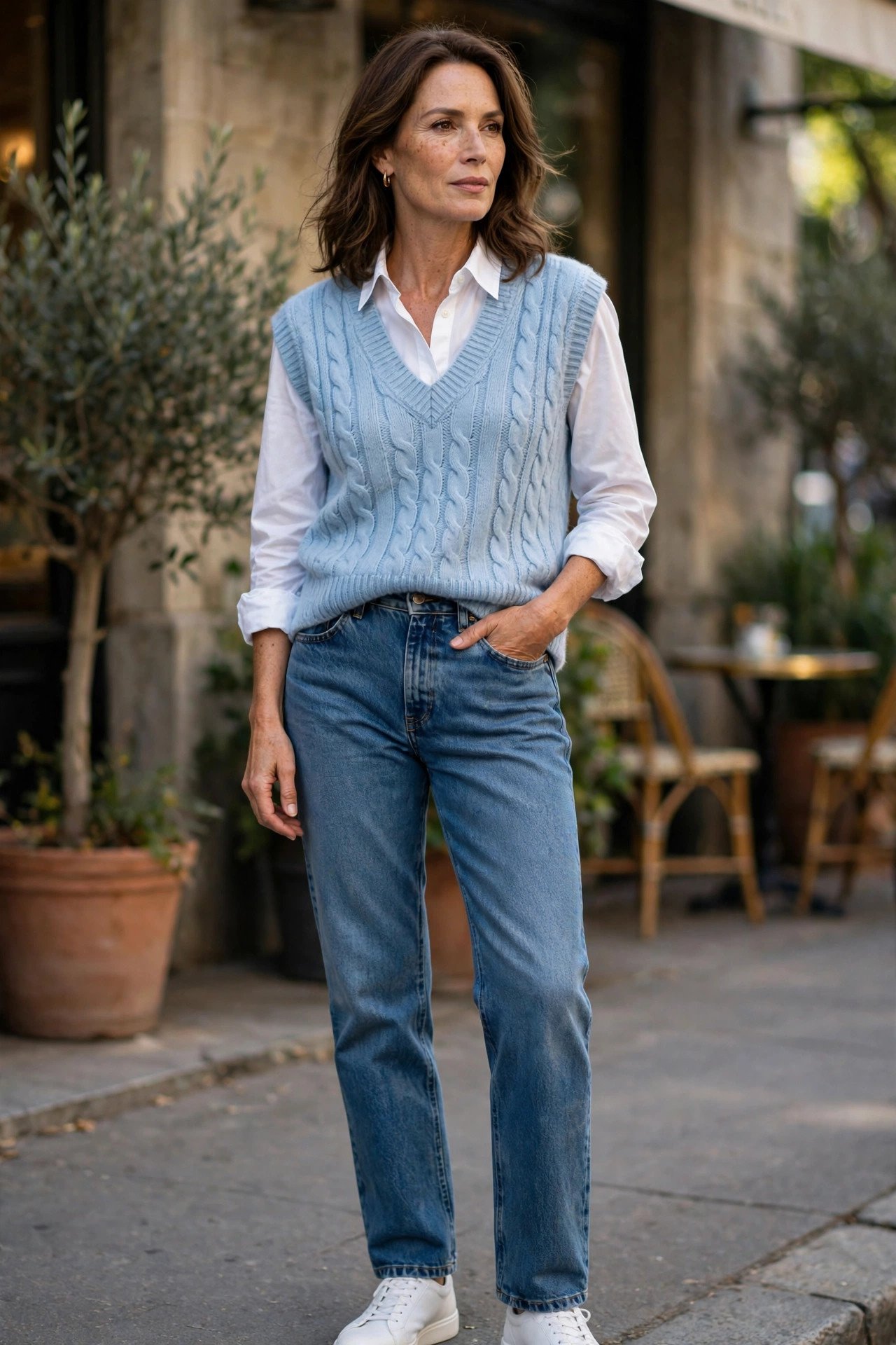 Light blue knit vest over white oxford shirt